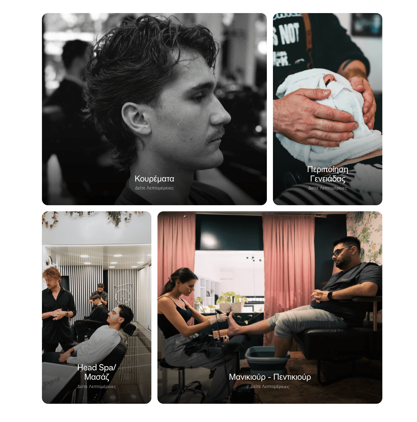 Services section — haircuts, beard grooming, head spa, manicure